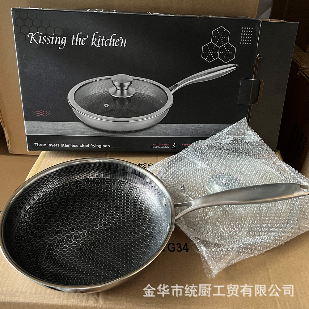 공장 직접 공급 도매 316 3층 스테인레스 스틸 팬 벌집 붙지 않는 팬 가정용 스테이크 프라이팬 상자당