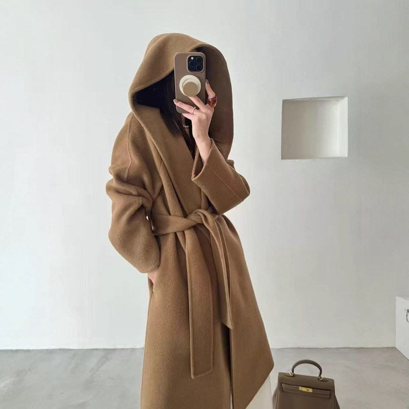 Autumn and Winter New Double-Sided Wool Outwear for Women, Hooded Large-Profile Long Korean Style Cashmere Woolen Outwear for Women Autumn and Winter New Double-Sided Wool Outwear for Women, Hooded Large-Profile Long Korean Style Cashmere Woolen Outwear for Women