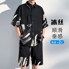 新しい中国風のアイスシルクシャツメンズ夏の新しい中国風のルーズカジュアル薄い大きいサイズ半袖ショーツスーツ