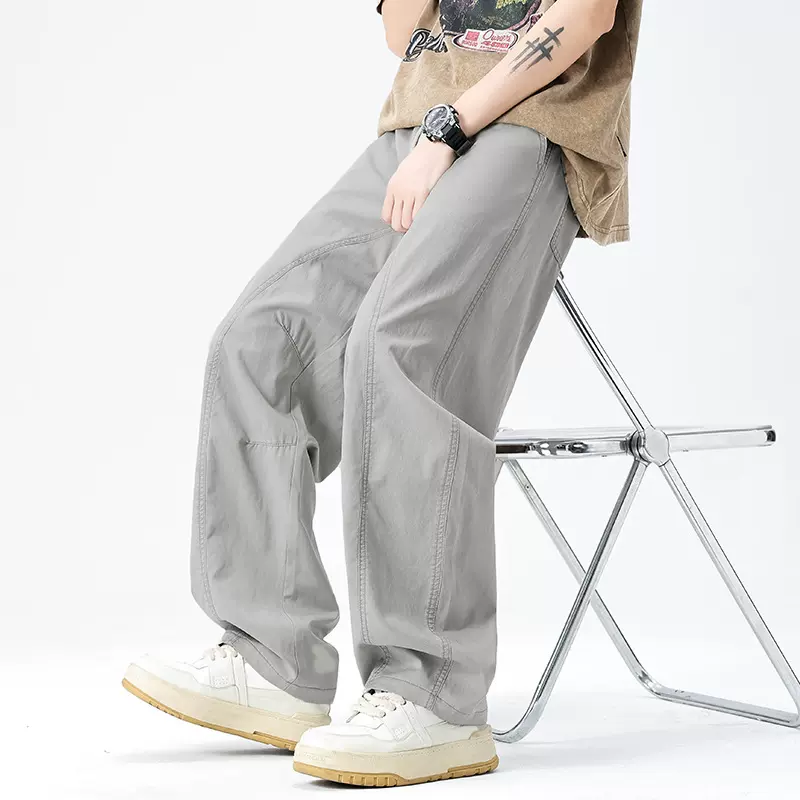 男装纯色弯刀休闲裤春夏季新款宽松百搭直筒美式阔腿工装长裤子男