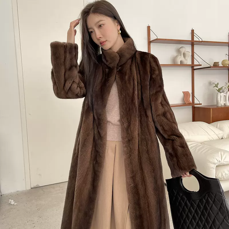 立领咖啡貂紫金短二天鹅绒水貂皮草外套女长袖咖啡貂本色大衣