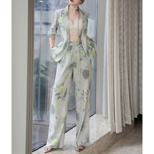 Colorful Fashion Suit for Women 2025 Summer Vacation Style Printed Suit Wide-Leg Pants Casual Two-Piece Suit Collar