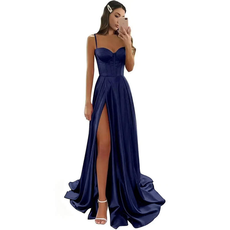 Satin evening dress with straps, high waist, slit, long style, slim-fit party dress, sexy and elegant ball gown Satin evening dress with straps, high waist, slit, long style, slim-fit party dress, sexy and elegant ball gown