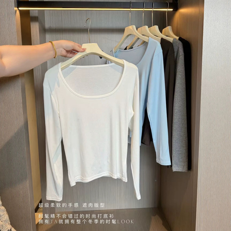 Solid Color Large U-Neck Long-Sleeved T-Shirt for Women, New Autumn and Winter Style, Slim Fit, Basic Style, Simple and Versatile Inner Top Solid Color Large U-Neck Long-Sleeved T-Shirt for Women, New Autumn and Winter Style, Slim Fit, Basic Style, Simple and Versatile Inner Top