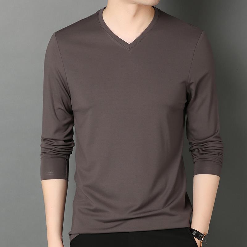 Ice Silk T-Shirt Men's Long-Sleeved Thin Summer Elastic Plus Fertilizer Plus Size Base Shirt Soil V-Neck Round Neck Spring and Summer
