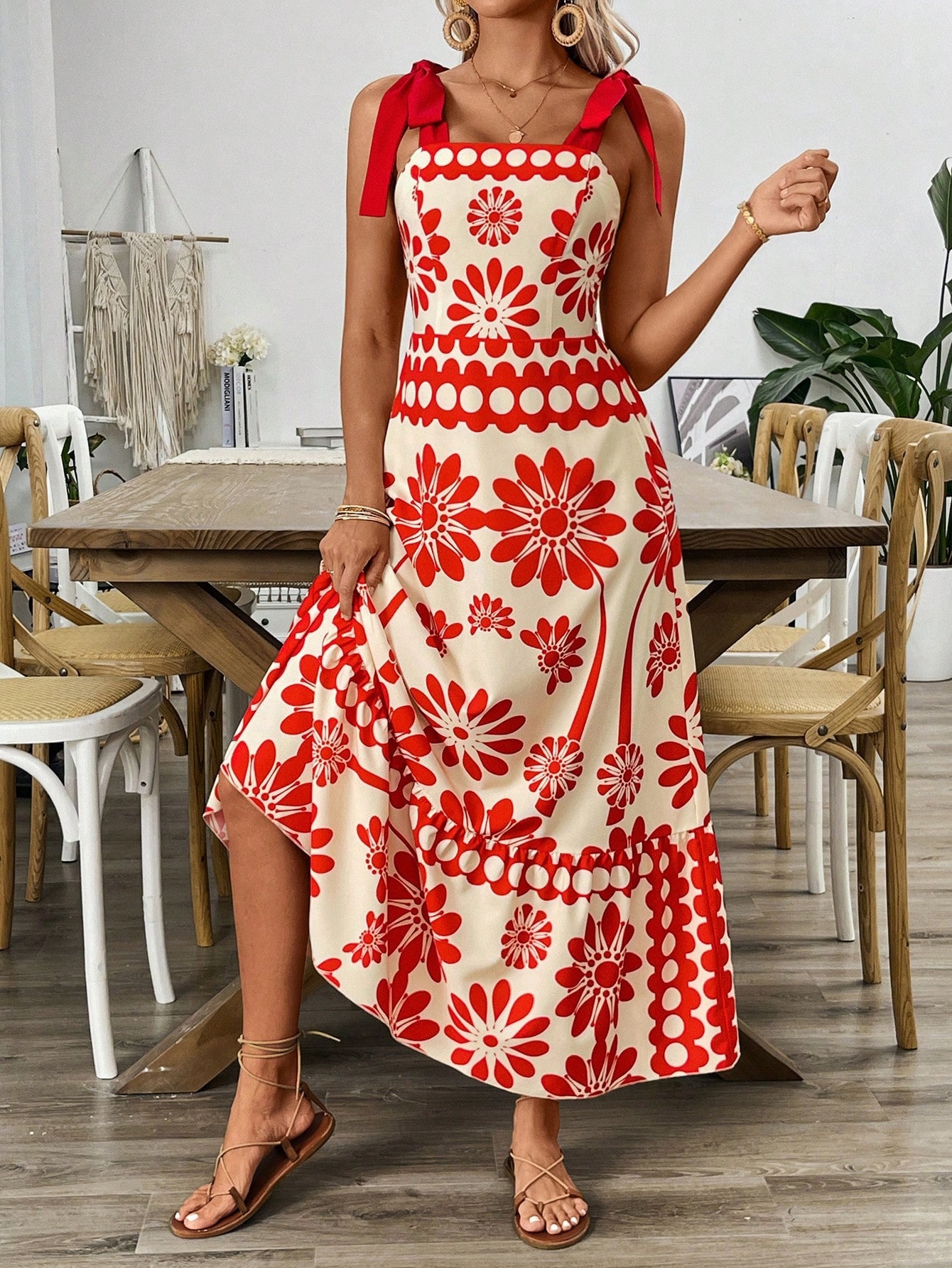 European American Foreign Trade Clothing Women's Bohemian Style With Floral Shoulder Straps And Tie-Up Long Dress_ecoleips.com