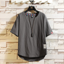 2022新款日系男士宽松纯色圆领套头短袖T恤外码亚马逊棉麻上衣男