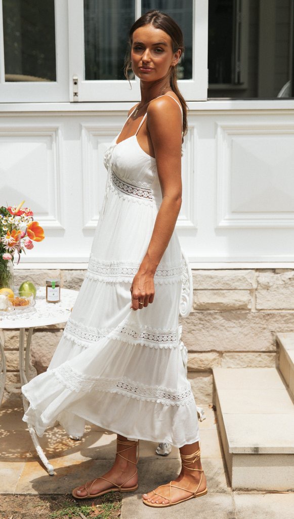 2024 Independent Store New Women's Bohemian Style Strap Dress With Lace Trim And Large Hem_ecoleips.com