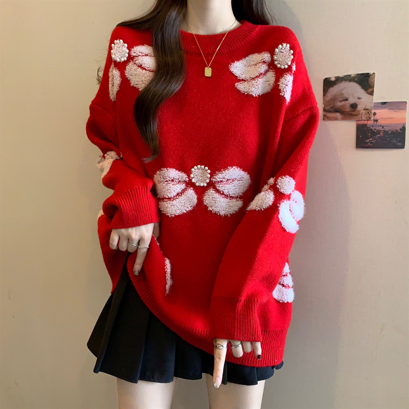 Autumn and Winter New Christmas Red Beaded Sweater for Women, Plus Size, Lazy Style, Loose Fit, Slimming Knit Top Autumn and Winter New Christmas Red Beaded Sweater for Women, Plus Size, Lazy Style, Loose Fit, Slimming Knit Top