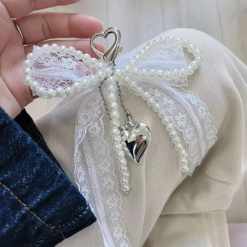 Girly Lace Pearl Bow Bag Charm Ins-Style Keychain AirPods Accessory Heart Pendant