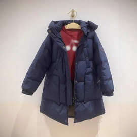 秋冬新款儿童男女同款藏青色中长款棉服连帽羽绒棉外套帽子可拆