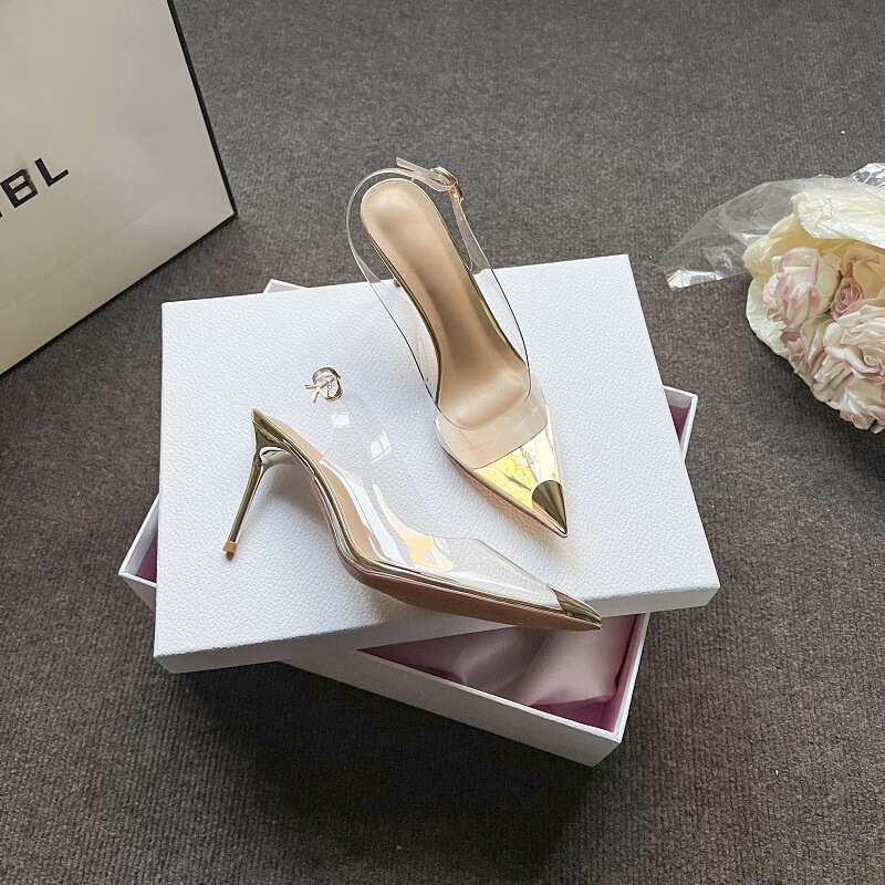 New Transparent Gold Iron Pointed Toe Stiletto Heels, Feminine Royal Sister Style One-Line Sandals with Hollow Back