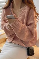 韩版宽松V领纯色粗毛线开衫慵懒风软糯毛衣针织上衣外套女小个子