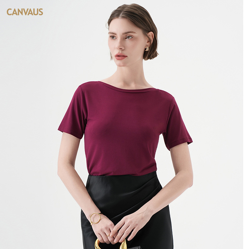 CANVAUS verano simple y suave camiseta glutinoso para mujer nueva versión coreana de color sólido cuello de una línea casual de manga corta jersey para mujer
