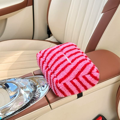 Blue Rain New Car Tissue Box Hanging High-End Car Armrest Box Tissue Box Simple Car Tissue Hanging Bag (Car tissue box/set) - moon-velvet-striped-tissue-box-rose-red-twill