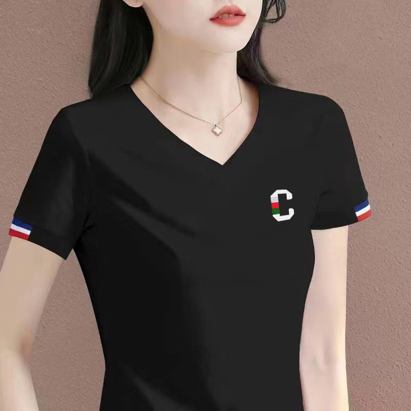 V-Neck Black Short-Sleeve T-Shirt for Women, Summer 2026 New Popular Style, Slim-Fit, Flattering Top, Regular Shoulder, Middle-Aged Women's T-Shirt
