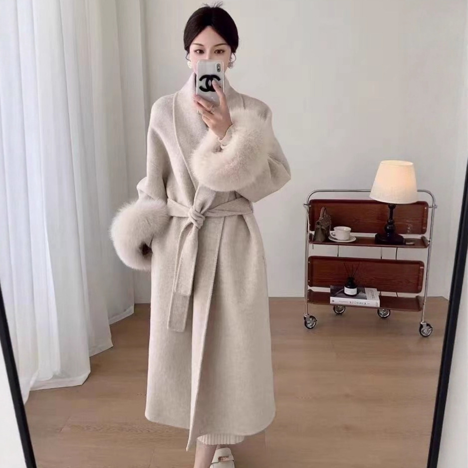 狐狸毛经典爆款长款双面纯羊毛大衣女秋冬新款高级感毛呢外套女