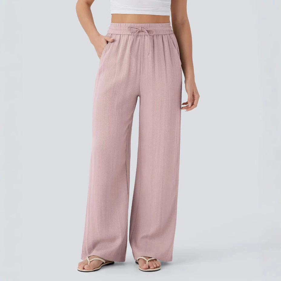2025 Amazon, повседневные льняные брюки с высокой талией и завязками по бокам, широкие брюки, струящиеся широкие пляжные брюки, эластичные