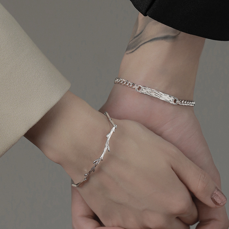 \Wooden branch\ couple silver bracelet female male a small design couple payment Valentine's Day gift to send boyfriend