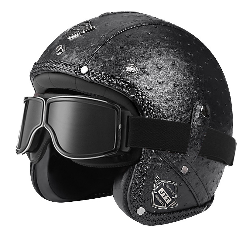 555 가죽 헬멧-블랙 웨이브 도트 + 스퀘어 레트로 미러