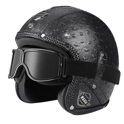 Half Helmet Safety Helmet: Motorcycle Safety Supplies - 555-leather-helmet-black-wave-dot-square-retro-mirror-s