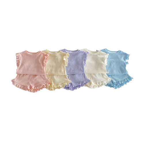 2025 Summer Baby Solid-Color Outfit: Girl's Ruffled-Edge Vest + Trendy Korean-Style Shorts – A 2-Piece Set