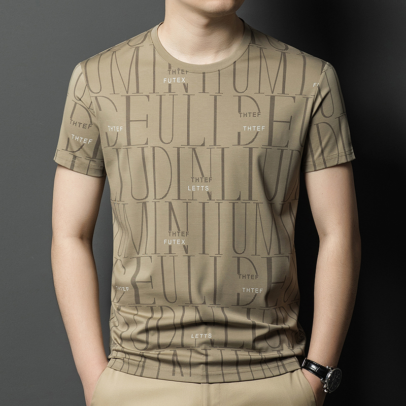 本物のロモンシルク半袖Tシャツメンズラウンドネックハイエンド若者と中年の薄いアイスシルク半袖Tシャツ。|undefined