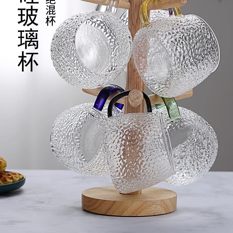 單層ins風米粒咖啡果汁茶水杯簡約高硼硅錘紋杯帶把家用玻璃杯子