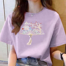 新中式国风纯棉短袖女2025夏季新款正肩t恤百搭时尚印花半袖上衣