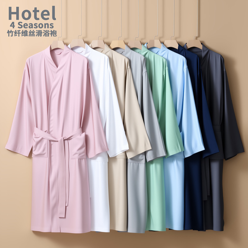 Bamboo Fiber Bathrobe Thin Summer Home Wearable Pajamas Bathrobe Pure Color Breathable Mid-Length Couple Home Clothes