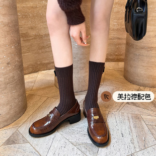 Maillard Color Matching Gold Coin French Retro Deep Mouth Loafers 2024 Winter Slip-on Thick Heeled Platform Leather Shoes