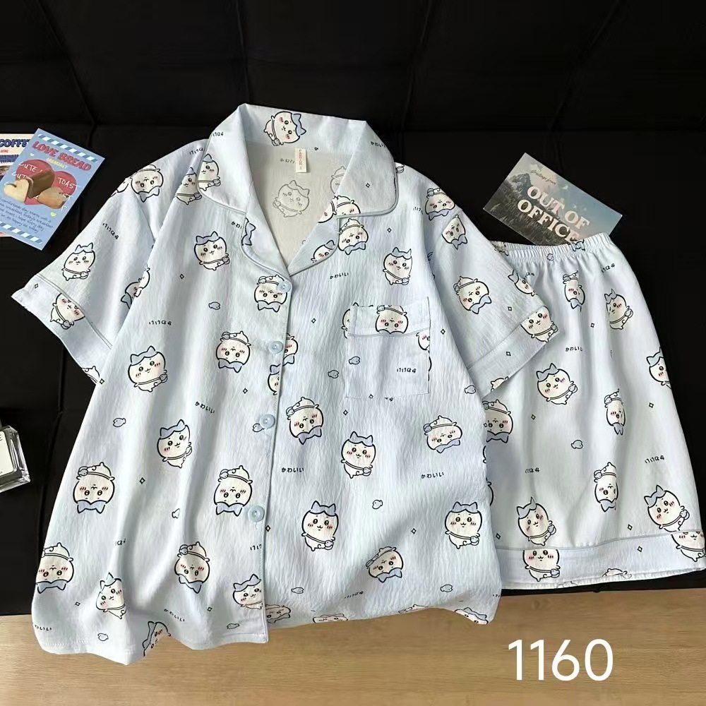 Al por mayor transfronterizo cantidad de preciosos pantalones cortos de mangas cortas de verano pijamas de nube de algodón nuevo cardigan con solapa dibujos animados ropa para el hogar