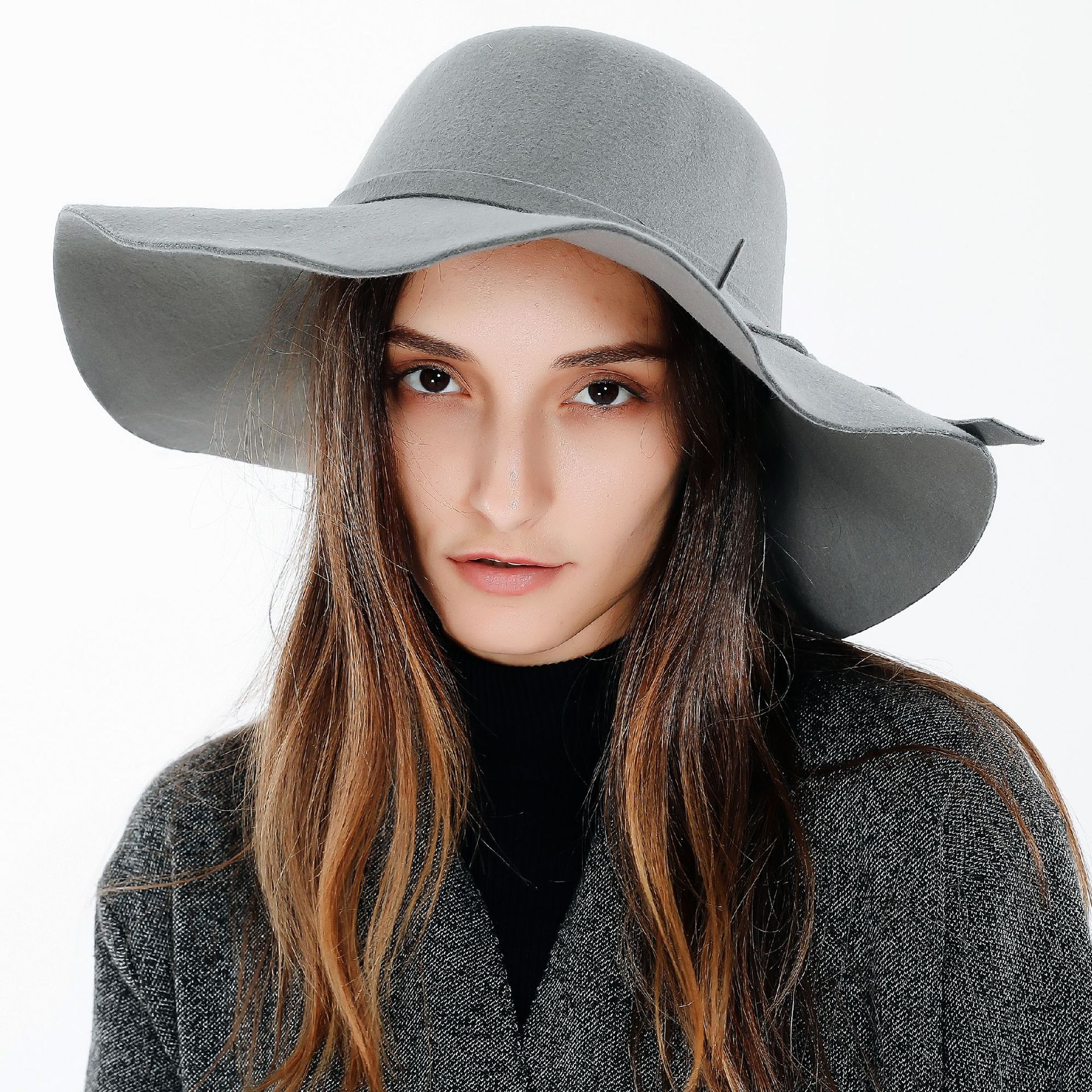 Otoño y el invierno de la moda de Europa y América estilo de la calle de color sólido con cordones de viaje versátil cálido de lana sombrero de ala grande para Las Mujeres Nuevo