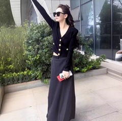 戚薇同款小香风针织套装裙女2025秋冬新款高级感小洋装黑色两件套