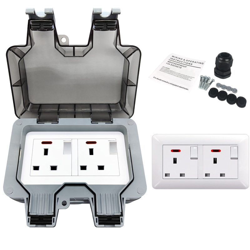 防溅水13A英式带开关插座IP66防溅防暴雨户外充电排插电源插座