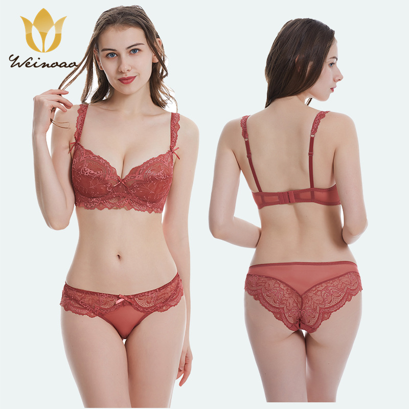 Large size set, women's sexy lace lingerie underwear, gathered adjustable bra_voghion.com