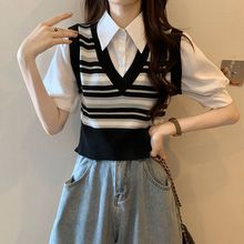 法式假两件针织衫女夏季撞色条纹设计感Polo领小衫泡泡袖短款上衣