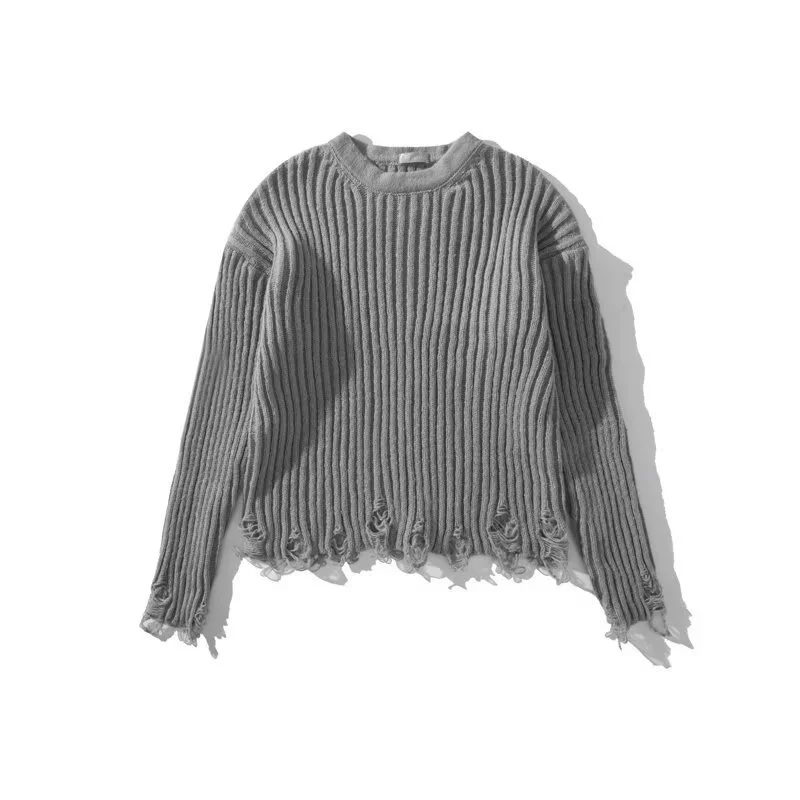 Вязаный осенний свитер, простой элегантный дизайн, distressed-hem — серый/черный, размеры M–3XL