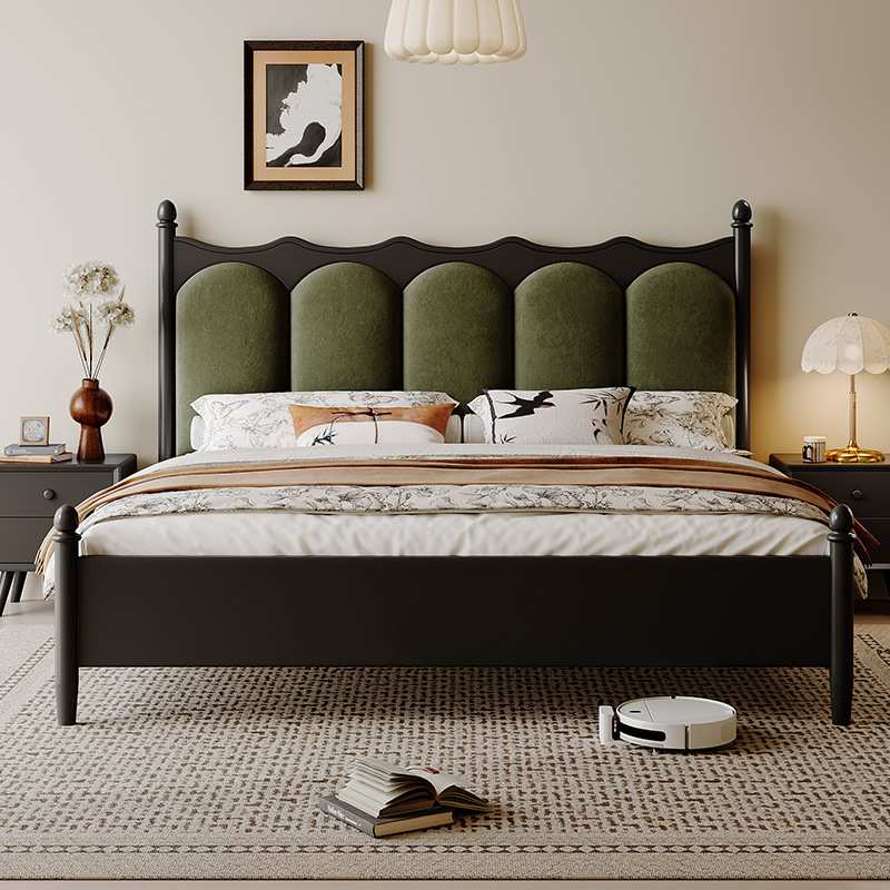 Cama de madera maciza francesa retro de color nuez 1.8m cama doble cama principal cama de aire medieval cama de almacenamiento de paquete suave