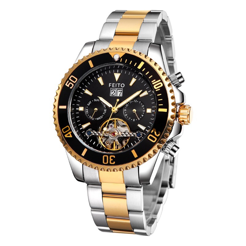 FEITO 8828 nuevo movimiento mecánico de la correa acero calendario hueco luminoso personalidad negocio moda reloj los hombres