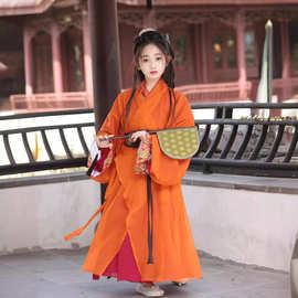 女童汉服春季战国袍2026新款中国风儿童直裾袍橘色交领演出服套装