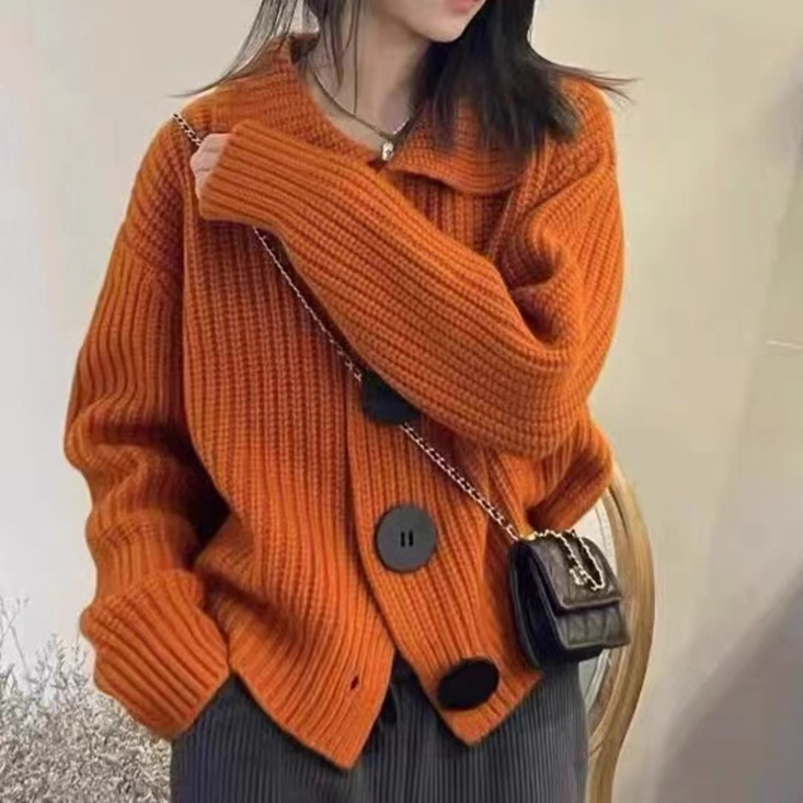 Large Button Lapel Knitted Cardigan Women's New European Long-Sleeved Loose Korean Fashion Casual Jacket Sweater for Women