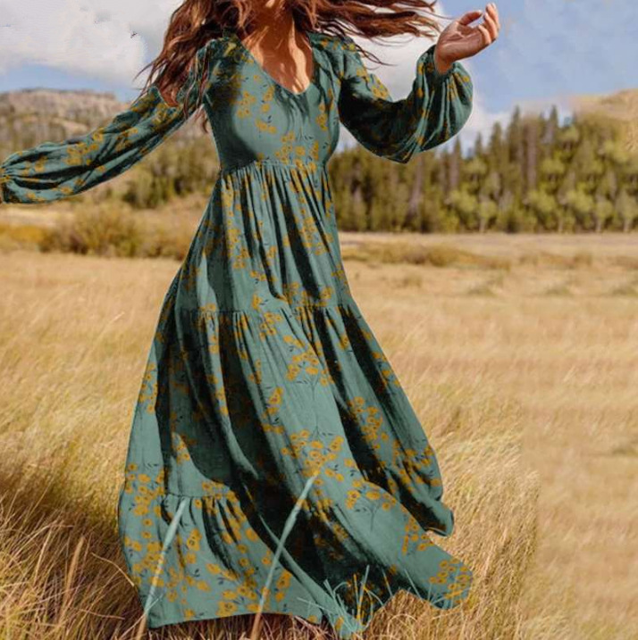 Robe longue maxi bohème patchwork froncée, coupe ajustée, style européen et américain, en rayonne imprimée MP-656_voghion.com