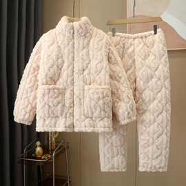 冬季睡衣女三层夹棉加厚加绒圆领可爱大码冬天厚款外穿套装家居服