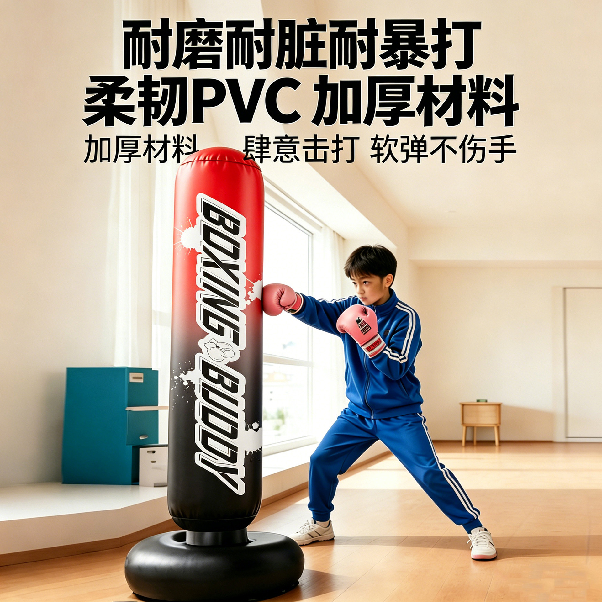 Inflatable boxing column, a stable, upright punching bag for home use, designed for children's training and physical exercise, and for relieving stress and releasing pent-up energy