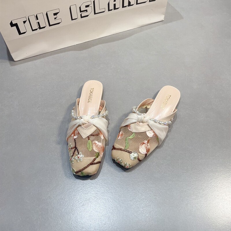 New Chinese Style Retro Mesh Hollow Flat Sandals and Slippers Evening Fairy with Skirt Baotou Half Slippers