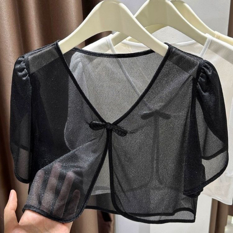 新しい中国風の女性用半袖カーディガン、夏のサスペンダー、日焼け止めショール、女性用の光沢のあるバックルの薄いブラウス、卸売|undefined