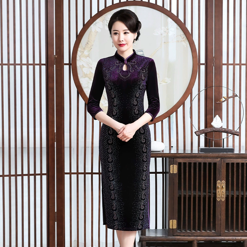 Фиолетовое корейское бархатное свадебное банкетное платье, новое бархатное платье с воротником-пипа, чонсам, благородный производитель Гуанчжоу, дропшиппинг