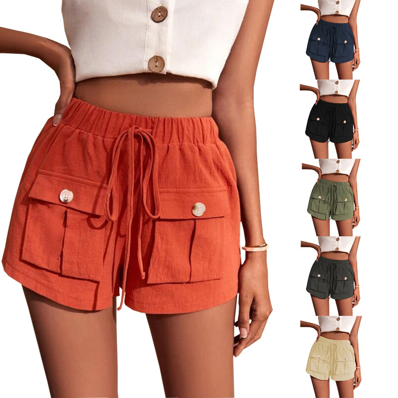 2025 European and American Plus Size Women's Summer New Casual Cargo Shorts Amazon Pocket Loose Mid-Waist Drawstring