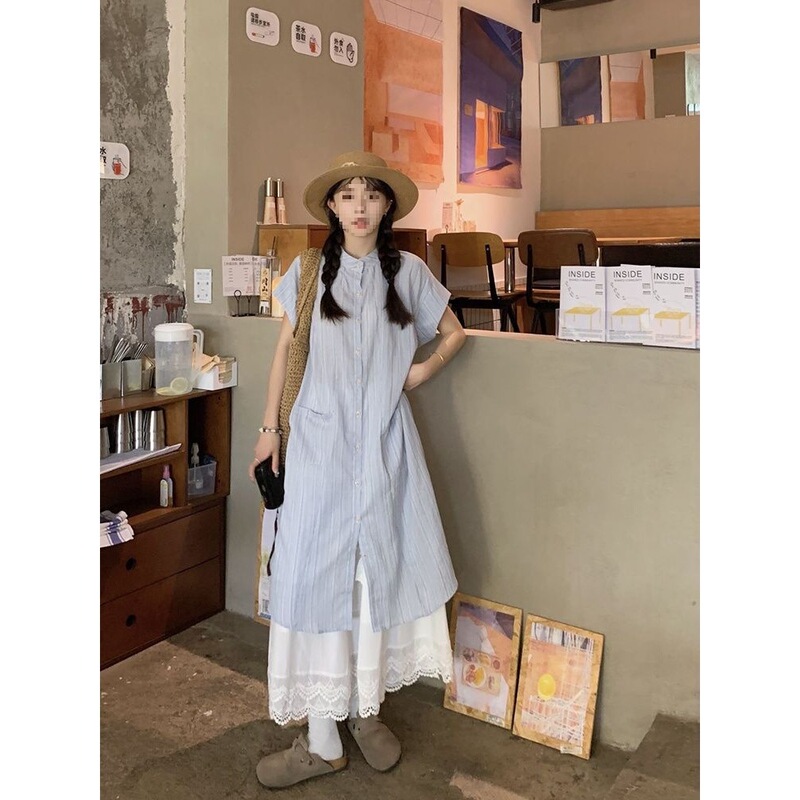Sweet College-Style Layered Two-Piece Suit, Blue Striped Shirt, Dress, Lace Skirt for Women
